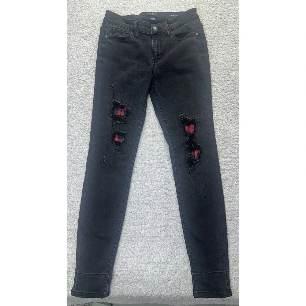 JUDY BLUE Womens Jeans Black Distressed ROSEWOOD Plaid Skinny Sz 5/27